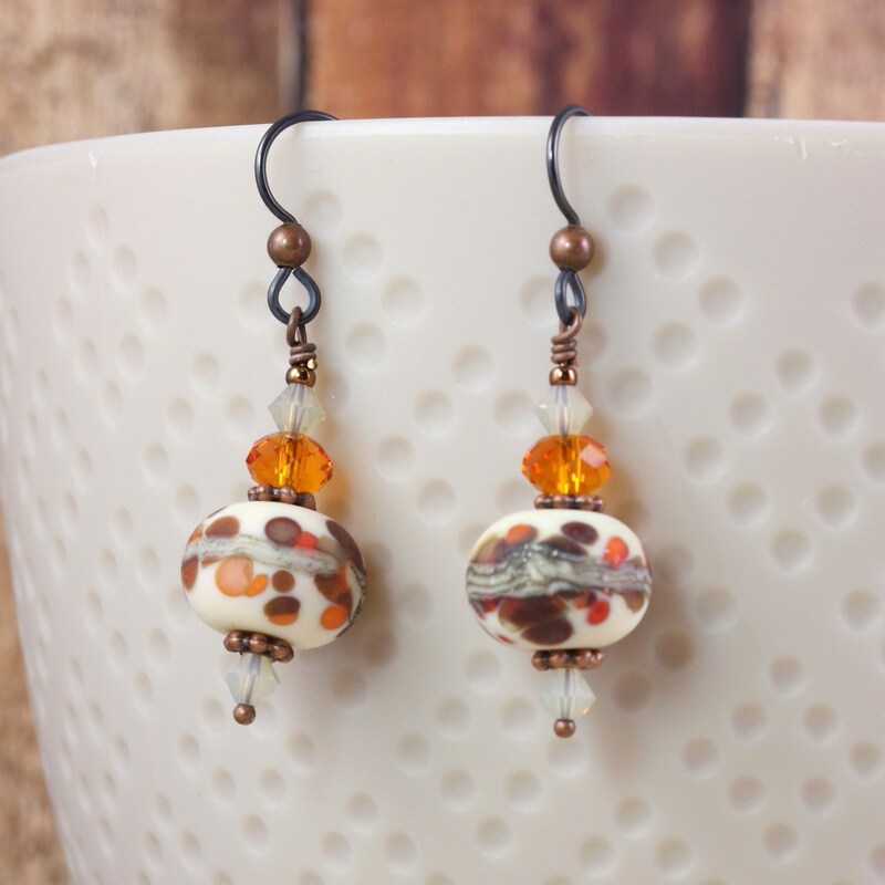 Brown and Copper Lampwork Earrings with Burnt Orange Crystals